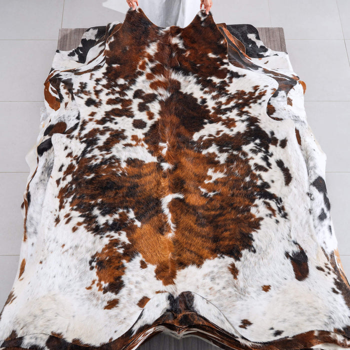 White Tricolor Cowhide Rug Size 7'1" L x 7'0" W 6547