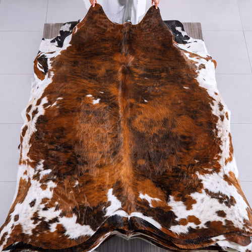 Tricolor Brindle Mix Cowhide Rug Size 7'9" L x 7'2" W 6549