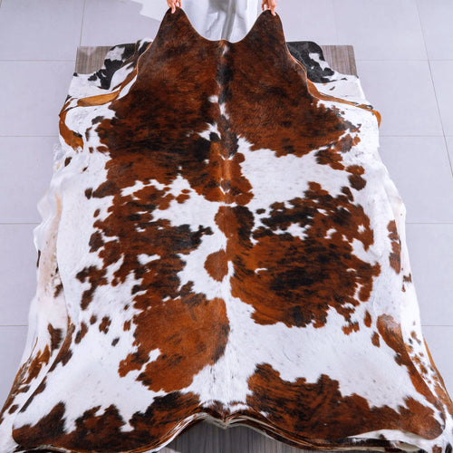 Tricolor Brindle Mix Cowhide Rug Size 7'6" L x 6'3" W 6555