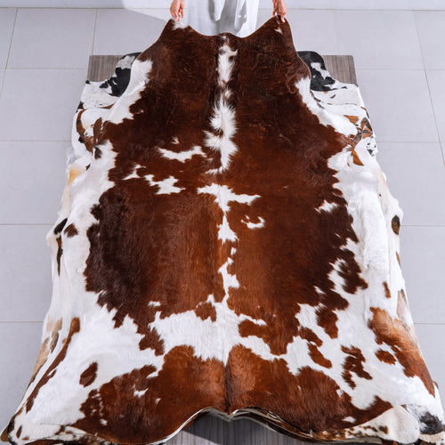 Brown and White Cowhide Rug Size 7'7" L x 6'7" W 6574