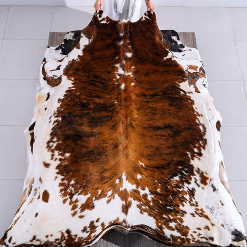 Tricolor Brindle Mix Cowhide Rug Size 7'9" L x 6'4" W 6575