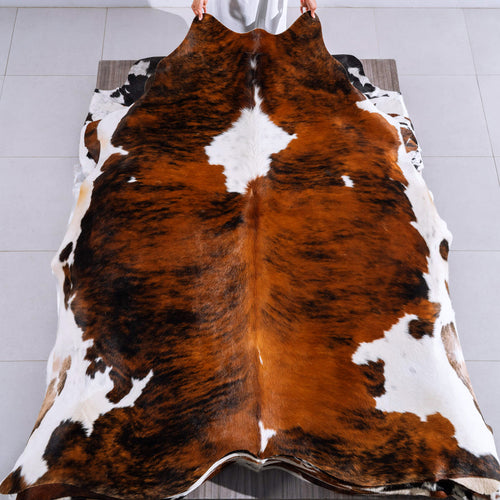 Tricolor Brindle Mix Cowhide Rug Size 8'1" L x 8'2" W 6577