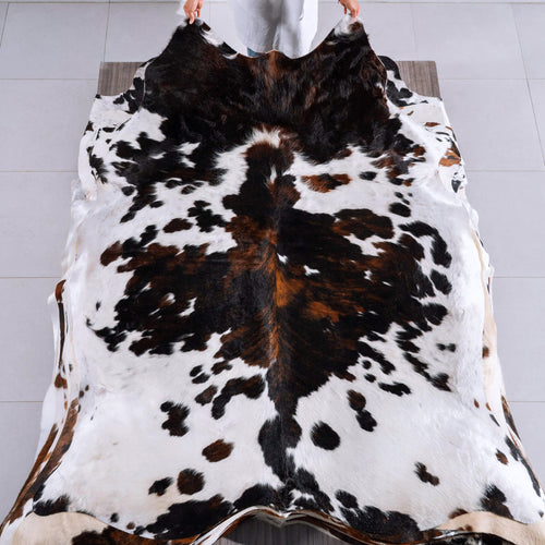White Tricolor Cowhide Rug Size 7'8" L x 6'5" W 6579