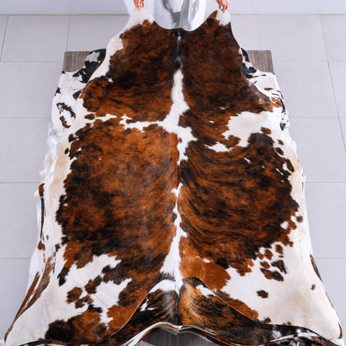 Tricolor Brindle Mix Cowhide Rug Size 8'1" L x 6'9" W 6580
