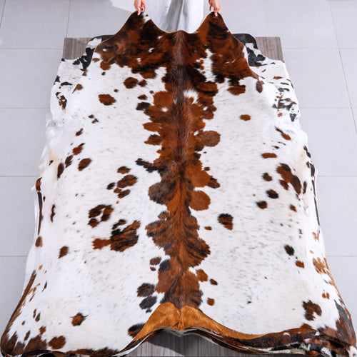 White Tricolor Cowhide Rug Size 7'9" L x 7.1" W 6588