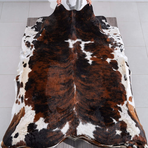 Tricolor Brindle Mix Cowhide Rug Size 7'11" L x 6'11" W 6591