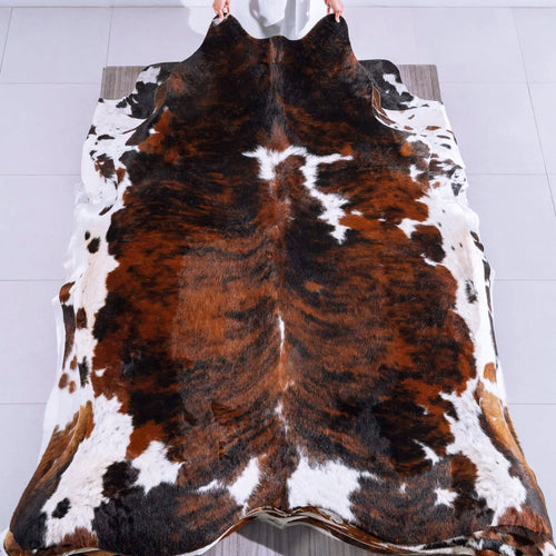 Tricolor Brindle Mix Cowhide Rug Size 7'11" L x 6'11" W 6591