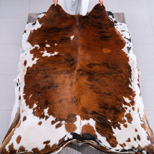 Tricolor Brindle Mix Cowhide Rug Size 7'3" L x 7'0" W 6595