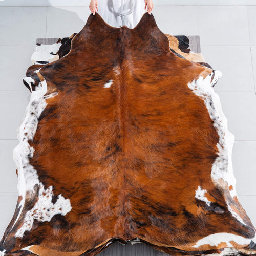 Tricolor Brindle Mix Cowhide Rug Size 7'3" L x 6'8" W 7505