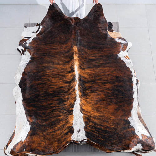 Tricolor Brindle Mix Cowhide Rug Size 7'11" L x 6'11" W 7510