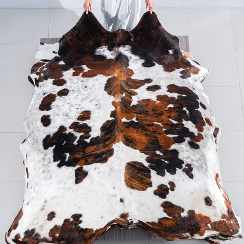 White Tricolor Cowhide Rug Size 7'10" L x 7'0" W 7513