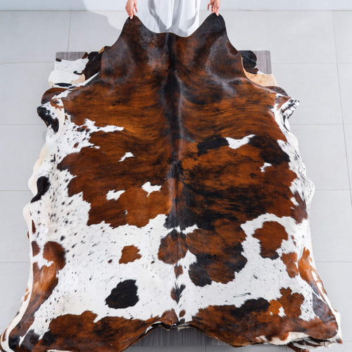 Tricolor Brindle Mix Cowhide Rug Size 7'11" L x 6'11" W 7515