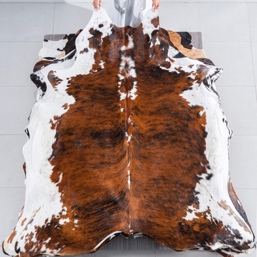 Tricolor Brindle Mix Cowhide Rug Size 7'8" L x 6'8" W 7517