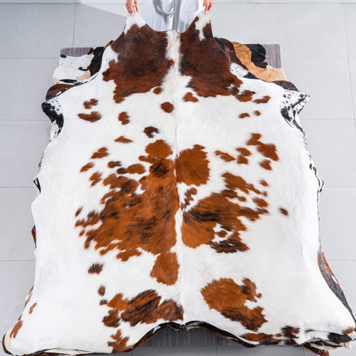 White Tricolor Cowhide Rug Size 7'9" L x 6'11" W 7518