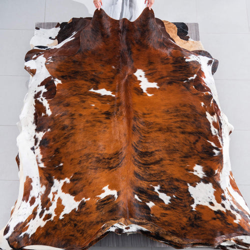 Tricolor Brindle Mix Cowhide Rug Size 7'1" L x 6'8" W 7524
