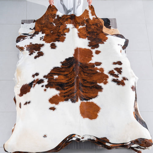 White Tricolor Cowhide Rug Size 7'11" L x 7'4" W 7528