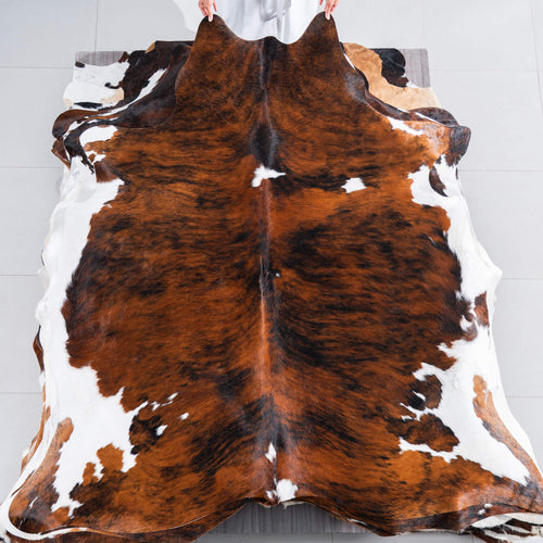 Tricolor Brindle Mix Cowhide Rug Size 7'2" L x 6'10" W 7533