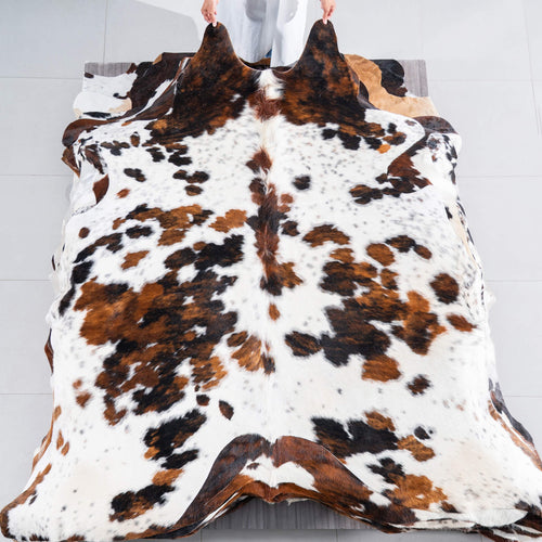 White Tricolor Cowhide Rug Size 7'10" L x 7'4" W 7538