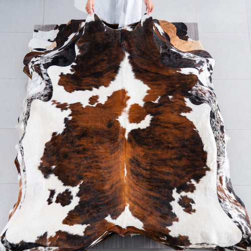 Tricolor Brindle Mix Cowhide Rug Size 7'0" L x 6'4" W 7540