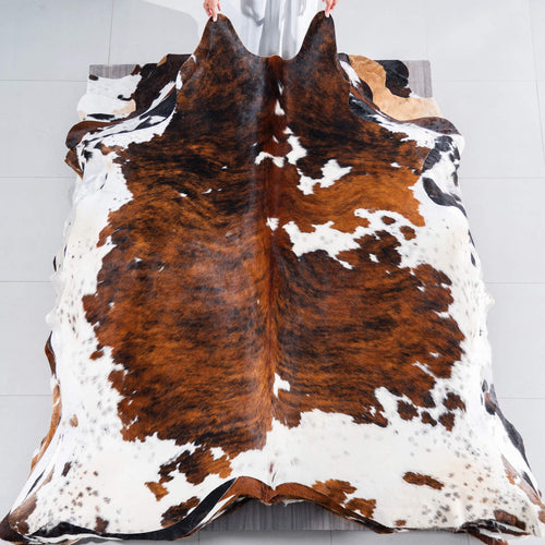 Tricolor Brindle Mix Cowhide Rug Size 7'8" L x 7'2" W 7543