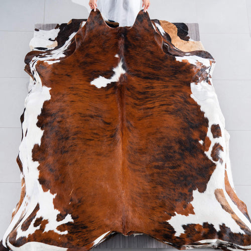 Tricolor Brindle Mix Cowhide Rug Size 7'1" L x 6'8" W 7545