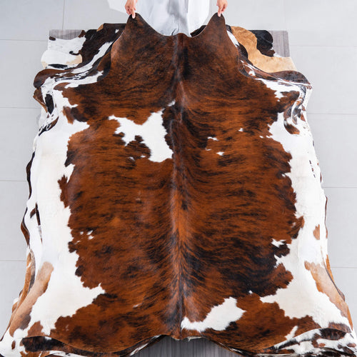 Tricolor Brindle Mix Cowhide Rug Size 7'3" L x 6'10" W 7556