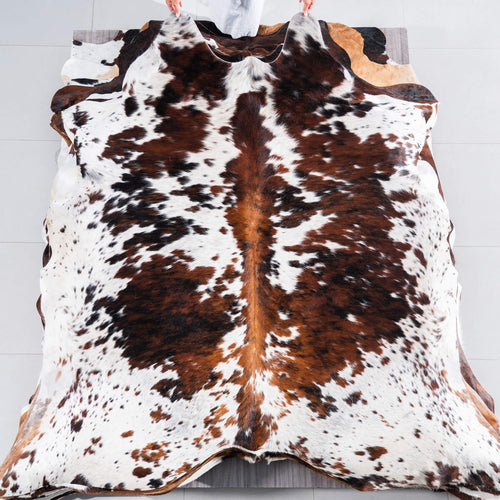 White Tricolor Cowhide Rug Size 7'4" L x 7'2" W 7571