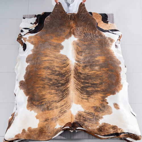 Tricolor Brindle Mix Cowhide Rug Size 7'10" L x 7'2" W 7582
