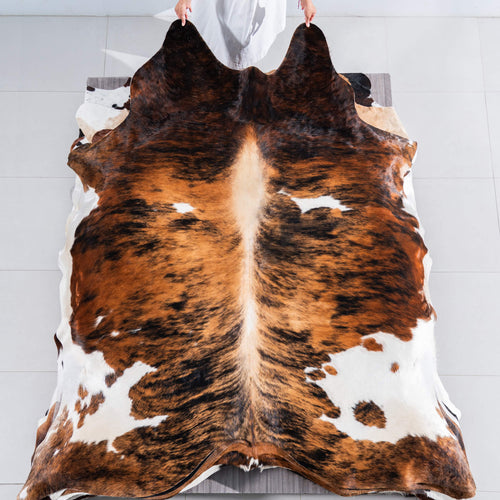 Tricolor Brindle Mix Cowhide Rug Size 8'4" L x 7'4" W 7588