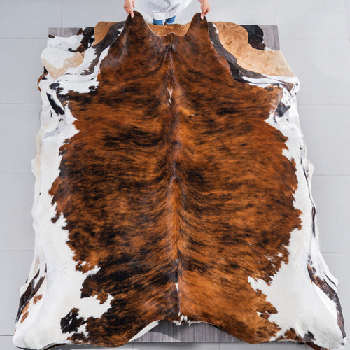 Tricolor Brindle Mix Cowhide Rug Size 7'8" L x 6'6" W 7593