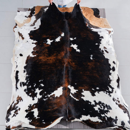 Dark Tricolor Cowhide Rug Size 7'5" L x 7'1" W 7596