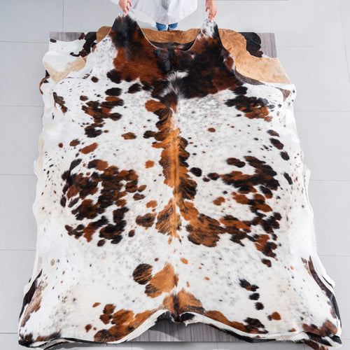 White Tricolor Cowhide Rug Size 7'6" L x 6'9" W 7597