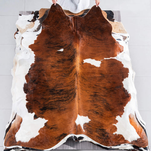 Tricolor Brindle Mix Cowhide Rug Size 7'5" L x 6'10" W 7599