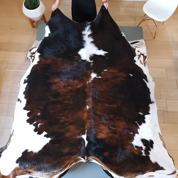 Dark Tricolor Cowhide Rug Size 7'7" L x 7'8" W 8136