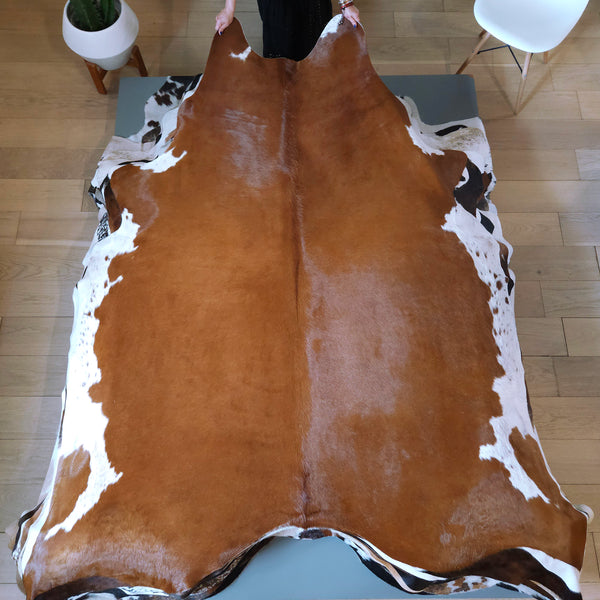 Brazilian Brown and White Cowhide Rug Size 7'11" L x 6'10" W 8195