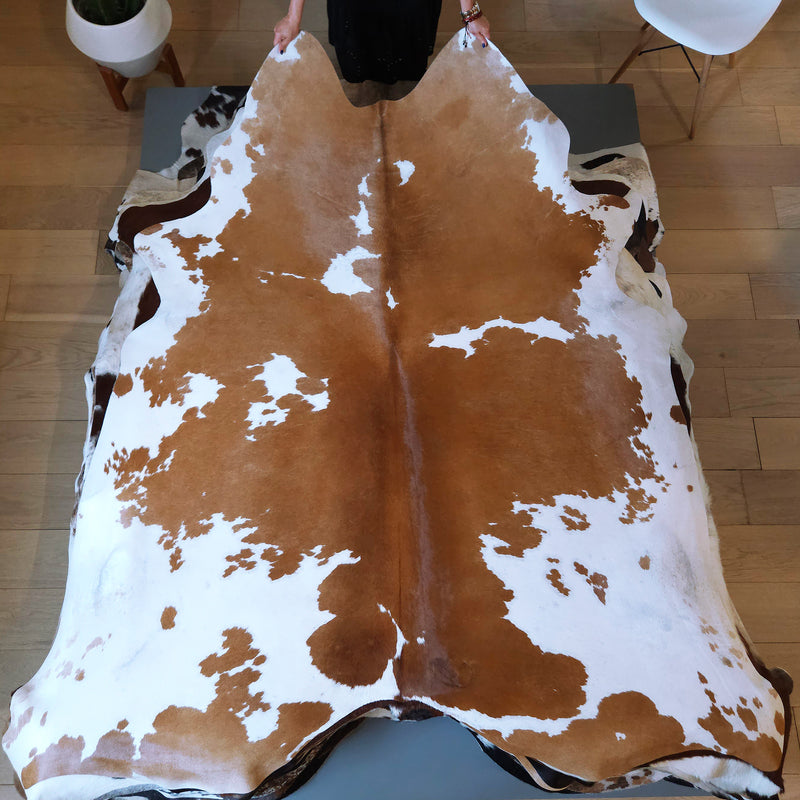 Brazilian Brown and White Cowhide Rug Size 7'6" L x 7'1" W 8180