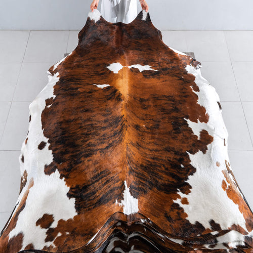 Tricolor Brindle Mix Cowhide Rug Size 7'3" L x 6'6" W 8107