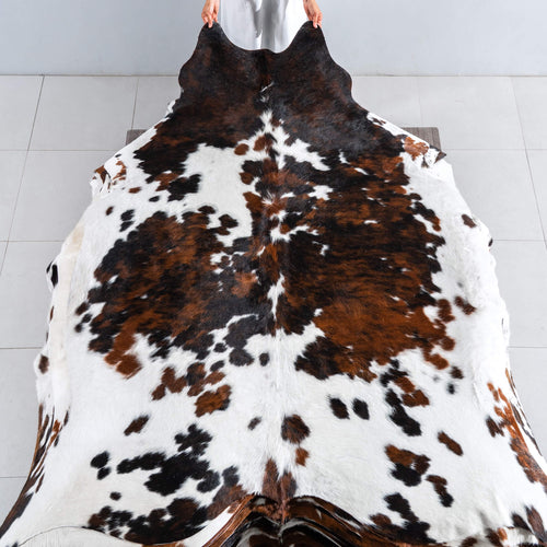 White Tricolor Cowhide Rug Size 7'5" L x 6'8" W 8120