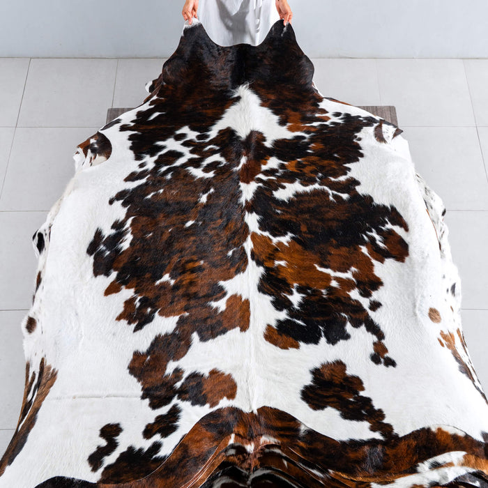 White Tricolor Cowhide Rug Size 7'2" L x 6'6" W 8122