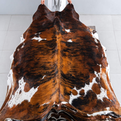 Tricolor Brindle Mix Cowhide Rug Size 7'7" L x 6'8" W 8125