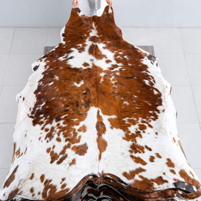 White Tricolor Cowhide Rug Size 7'7" L x 6'10" W 8135