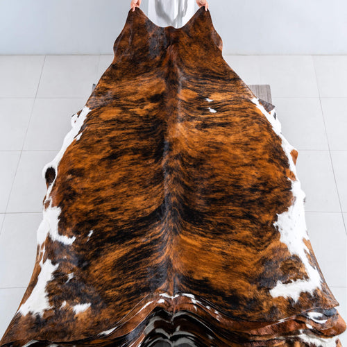Tricolor Brindle Mix Cowhide Rug Size 8'2" L x 7'7" W 8145