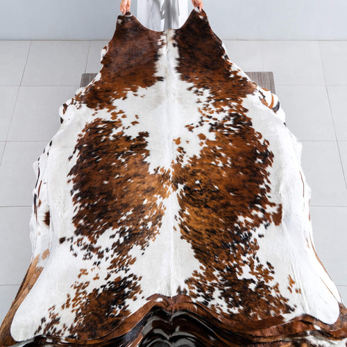 White Tricolor Cowhide Rug Size 7'5" L x 6'2" W 8148