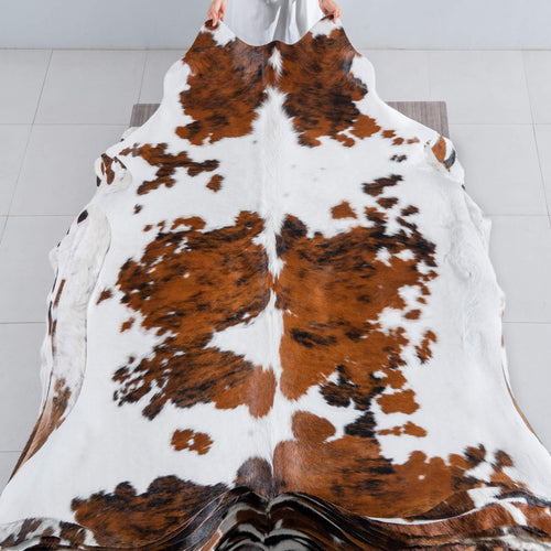 White Tricolor Cowhide Rug Size 7'1" L x 6'7" W 8153