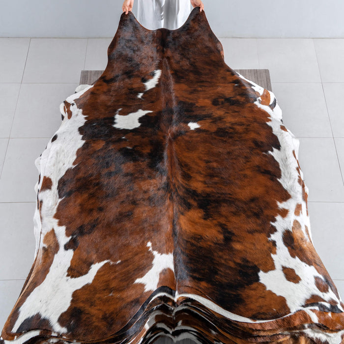 Tricolor Brindle Mix Cowhide Rug Size 7'6" L x 6'7" W 8155