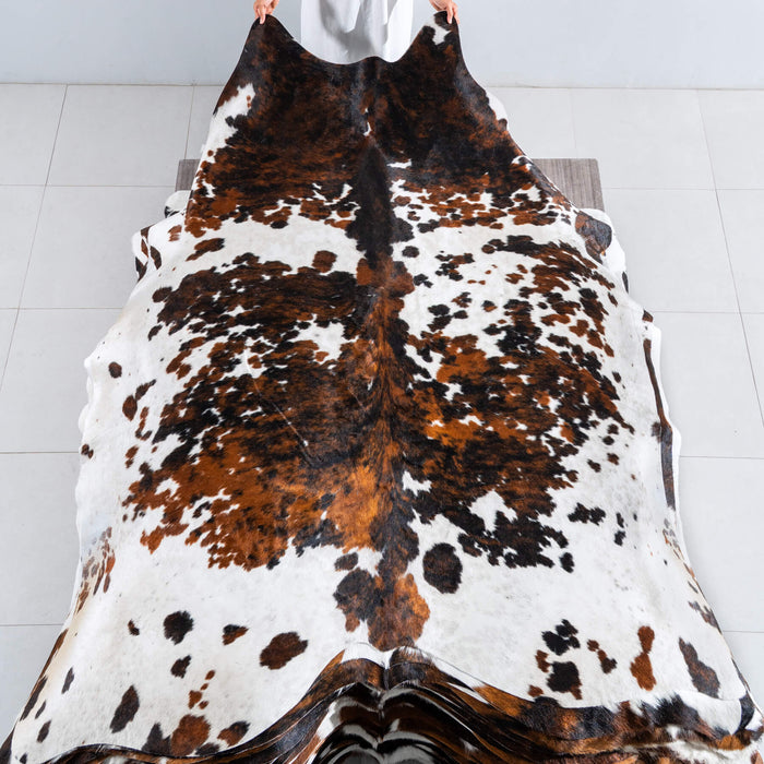 White Tricolor Cowhide Rug Size 7'7" L x 6'9" W 8164