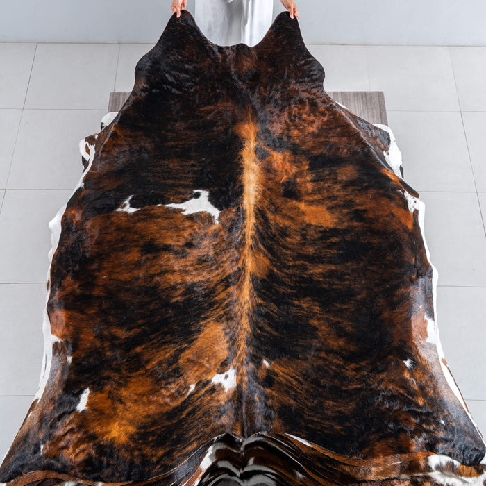 Tricolor Brindle Mix Cowhide Rug Size 7'4" L x 6'10" W 8166