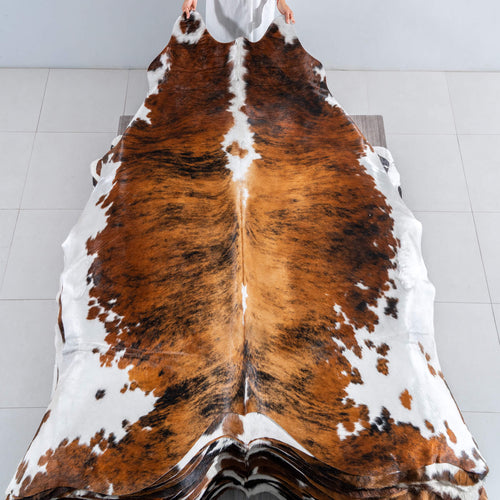 Tricolor Brindle Mix Cowhide Rug Size 8'2" L x 7'1" W 8167
