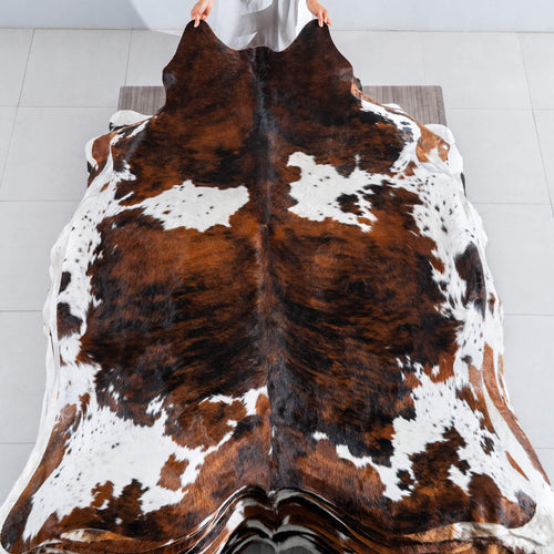 Tricolor Brindle Mix Cowhide Rug Size 6'10" L x 6'2" W 8179