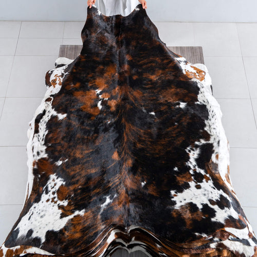 Tricolor Brindle Mix Cowhide Rug Size 7'6" L x 6'9" W 8189
